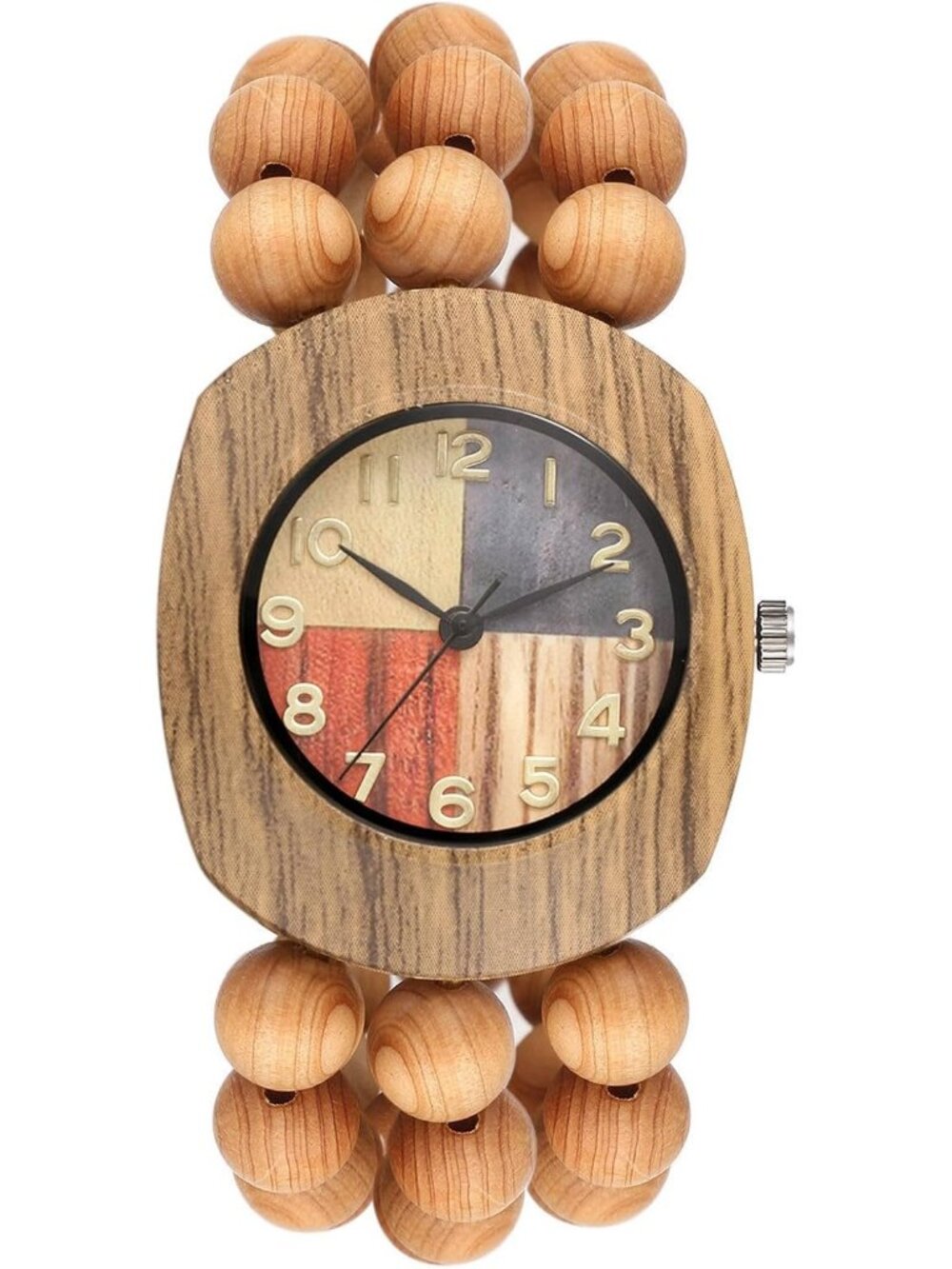 Women's khaki Analog Quartz Buddhist Beaded Bracelet Elastic Wrist Wooden Watch